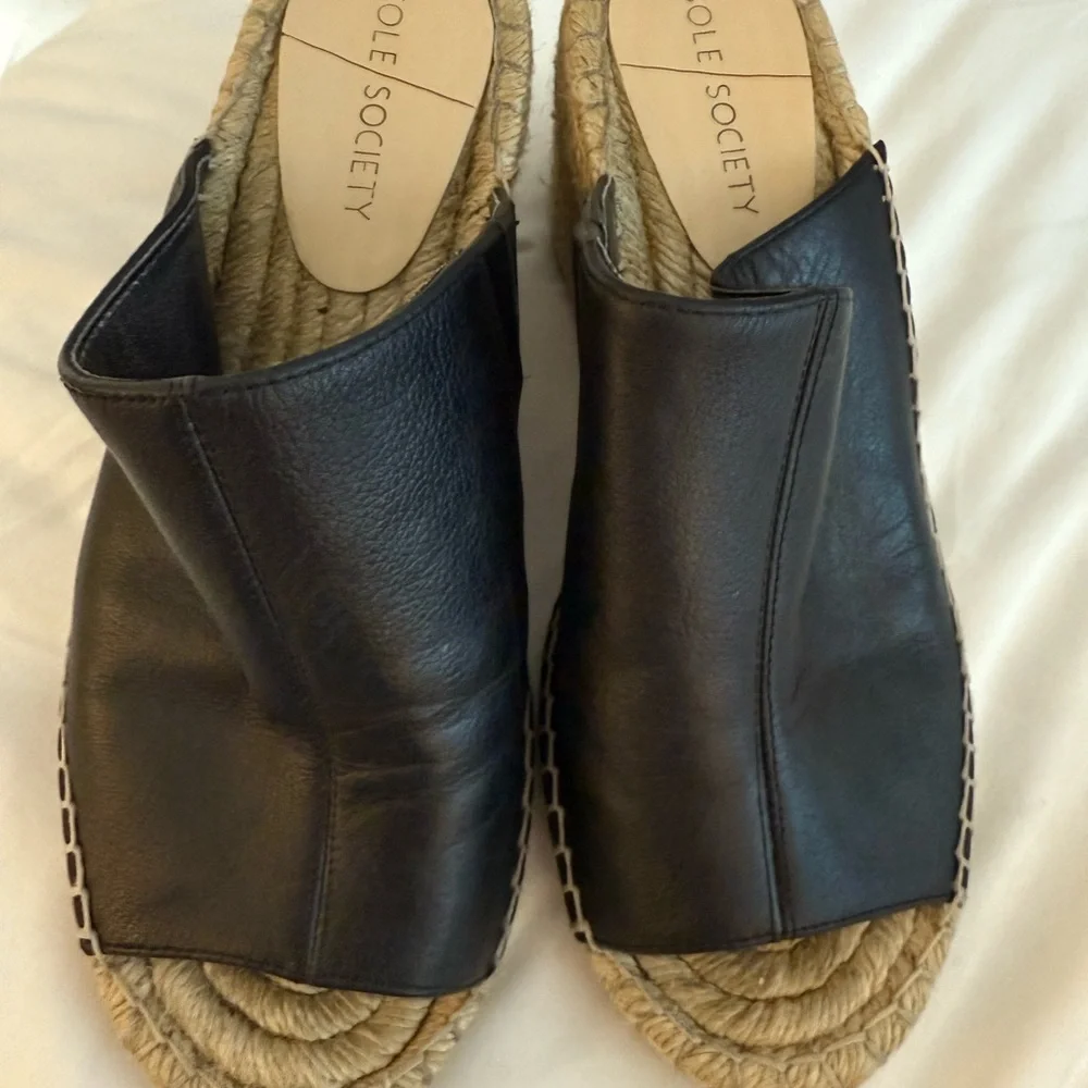 Sole Society Brand in Black 100% leather w/wedge cork Caleena‎ Espadrille Sz 8.5